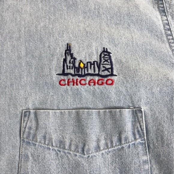 Jerzees Denim Long Sleeve Shirt Chicago Skyline Embroidered Chest Button Up XXL - Picture 4 of 12